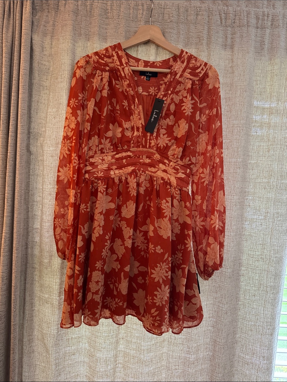 Lulu's Red Floral Chiffon Tunic Dress with Cream Flowers